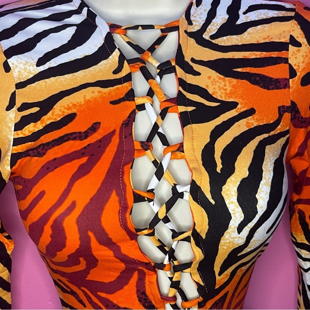 NWT Orange Tiger Print Drawstring Stretchy Mini Dress - Small - Picture 7 of 9